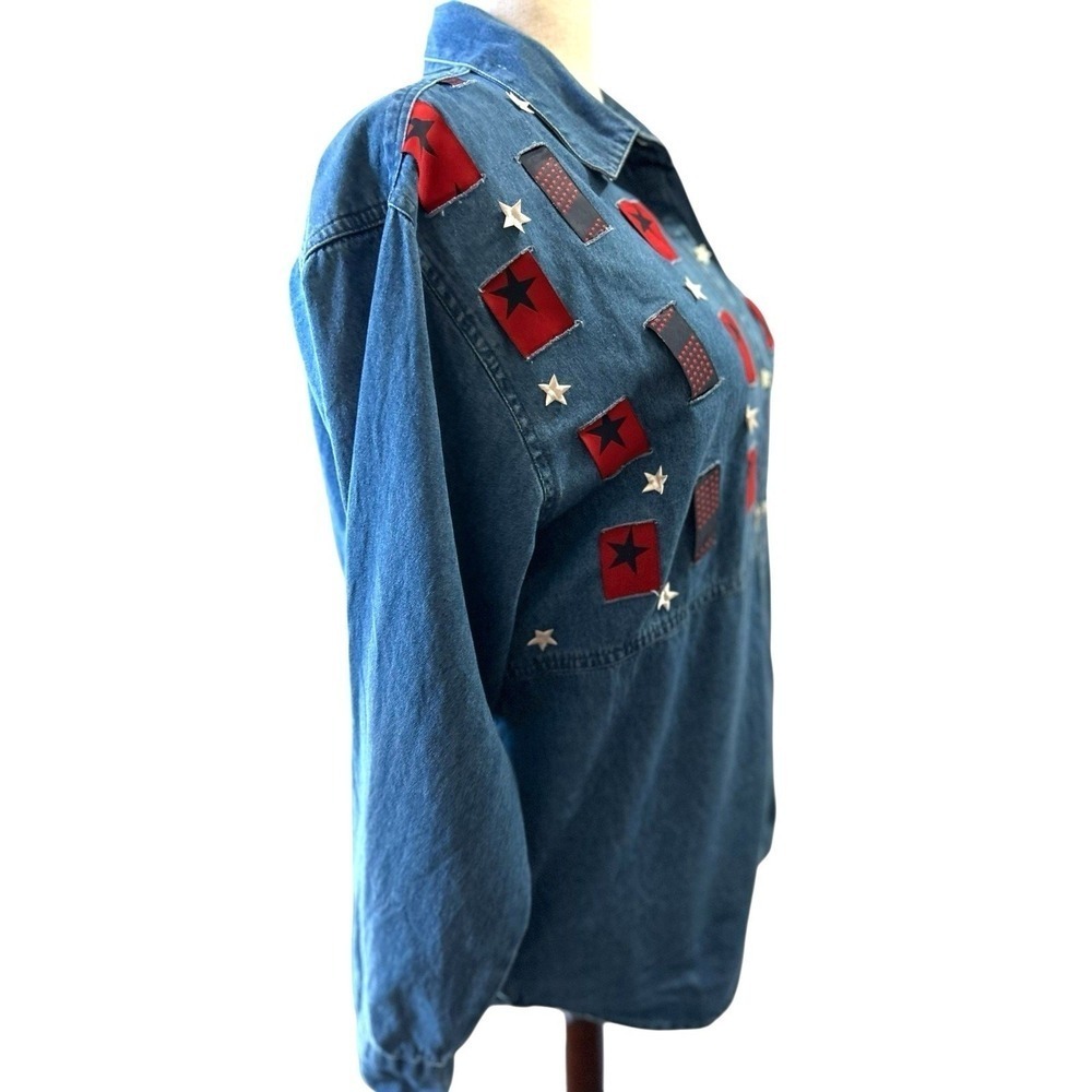 Vtg Denim Stars Stripes Shirt Top Size XL Button Up Primitive Patriotic Country - Picture 7 of 7
